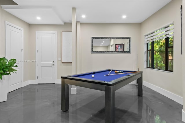 rec room featuring concrete flooring, baseboards, billiards, and recessed lighting