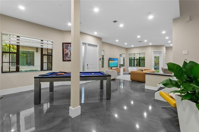 playroom featuring visible vents, baseboards, recessed lighting, concrete floors, and billiards