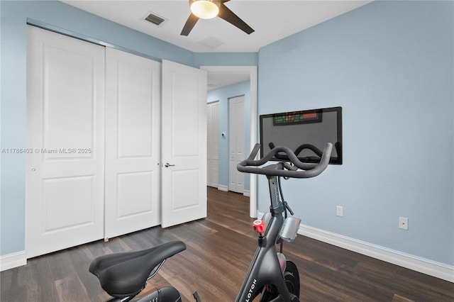 exercise area with dark wood finished floors, ceiling fan, baseboards, and visible vents
