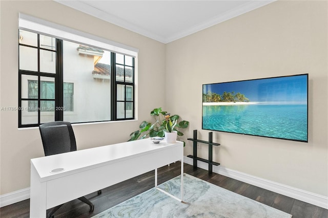 office with wood finished floors, crown molding, and baseboards