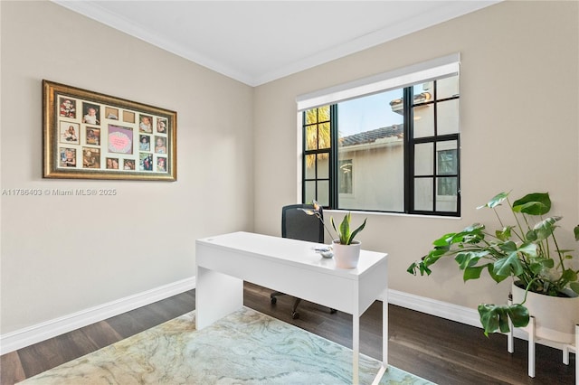 office space with wood finished floors, baseboards, and ornamental molding