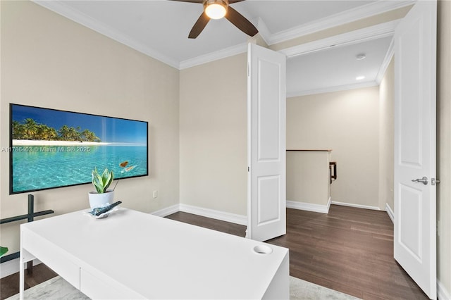 office with wood finished floors, ornamental molding, baseboards, and ceiling fan