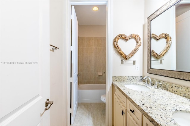 bathroom with recessed lighting, tile patterned flooring, double vanity, toilet, and a sink