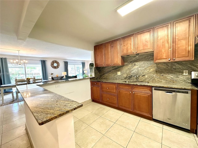1001 Hillcrest Ct Unit 306, Hollywood, FL 33021 - kitchen featuring a sink, light tile patterned floors, dishwasher, backsplash, and a notable chandelier