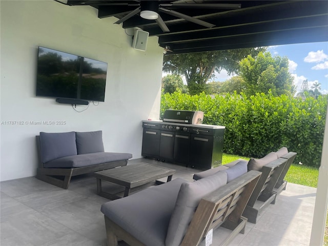view of patio featuring ceiling fan, an outdoor living space, and area for grilling