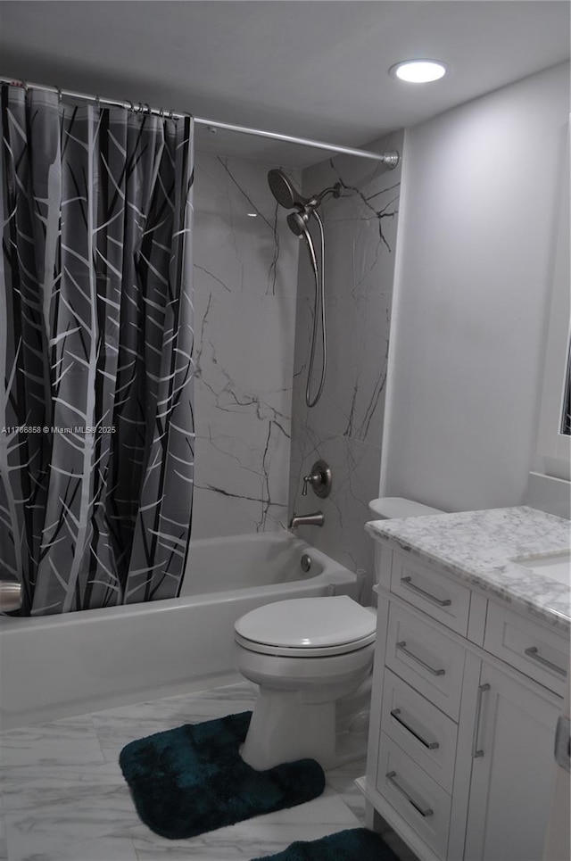700 SW 128th Ave Unit 106C, Pembroke Pines, FL 33027 - bathroom featuring vanity, shower / tub combo with curtain, marble look tiles, toilet, and recessed lighting