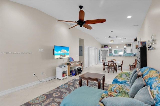 living room featuring recessed lighting, vaulted ceiling, electric panel, baseboards, and ceiling fan