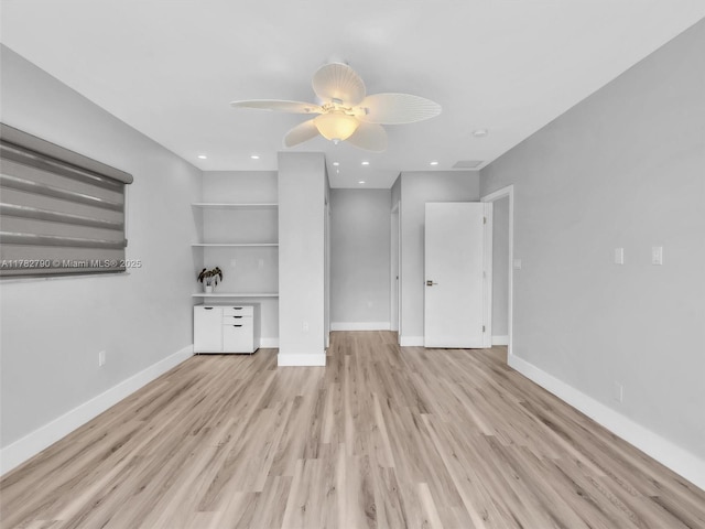 unfurnished living room with a ceiling fan, baseboards, recessed lighting, and light wood-style floors