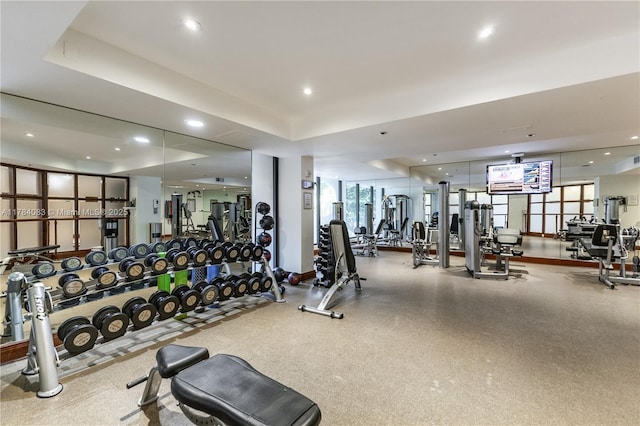 10205 Collins Ave Unit 1106, Bal Harbour, FL 33154 - workout area featuring recessed lighting and a raised ceiling