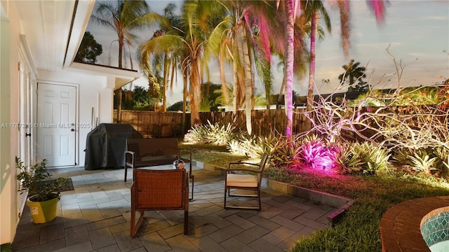 view of patio with a fenced backyard and a grill