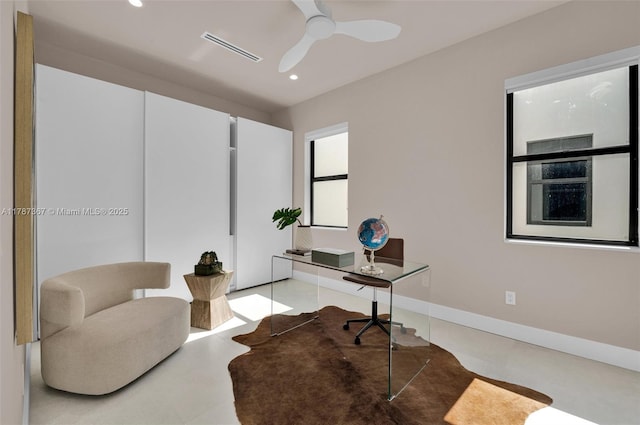 915 NE 17th Ter, Fort Lauderdale, FL 33304 - home office featuring ceiling fan, baseboards, visible vents, and recessed lighting