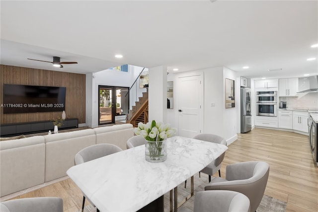 2905 Day Ave Unit 2A, Miami, FL 33133 - dining room featuring stairway, recessed lighting, light wood-style floors, and ceiling fan