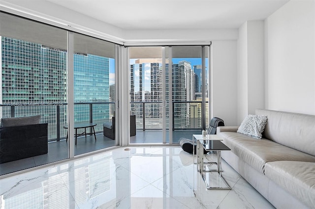living area with marble finish floors
