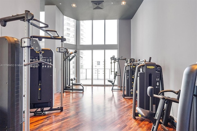 exercise room with wood finished floors and a towering ceiling