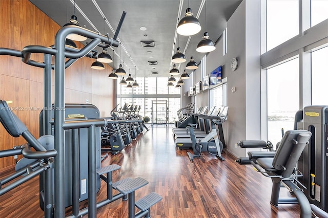 exercise room featuring wood finished floors, baseboards, and expansive windows