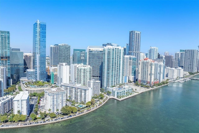 aerial view of a view of skyline and a nearby body of water