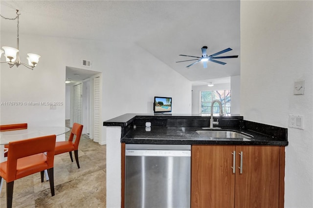 3460 N Pinewalk Dr N Unit 321, Margate, FL 33063 - kitchen with dishwasher, lofted ceiling, brown cabinets, a chandelier, and decorative light fixtures