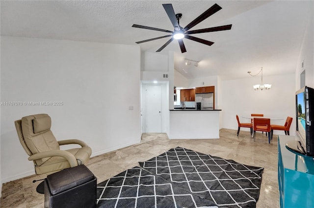 3460 N Pinewalk Dr N Unit 321, Margate, FL 33063 - sitting room with a chandelier, vaulted ceiling, ceiling fan, and a textured ceiling