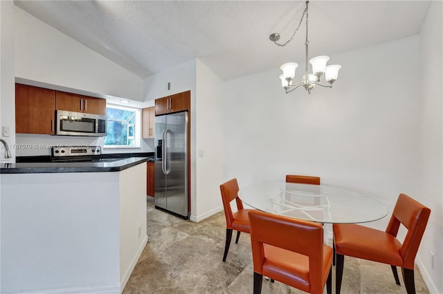 3460 N Pinewalk Dr N Unit 321, Margate, FL 33063 - dining room with a chandelier, vaulted ceiling, and a textured ceiling