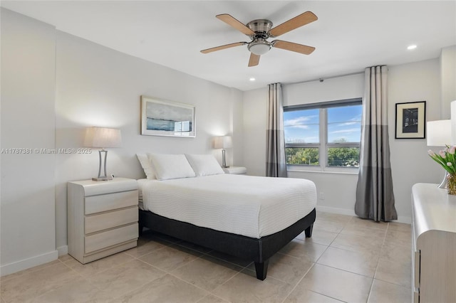 1831 NE 38th St Unit 402, Oakland Park, FL 33308 - bedroom with baseboards, recessed lighting, a ceiling fan, and light tile patterned floors