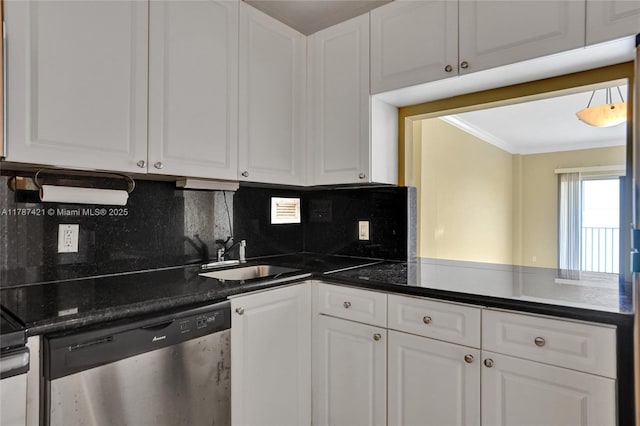 1455 N Treasure Dr Unit 7F, North Bay Village, FL 33141 - kitchen featuring stainless steel dishwasher, white cabinetry, backsplash, and crown molding