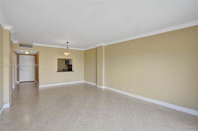 unfurnished room featuring light tile patterned flooring, visible vents, crown molding, and baseboards