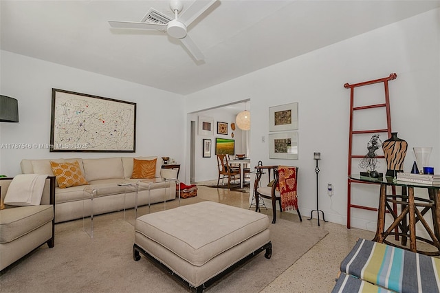 430 NE 132nd Ter, North Miami, FL 33161 - living area featuring speckled floor, visible vents, and a ceiling fan