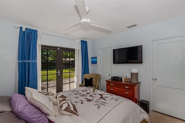430 NE 132nd Ter, North Miami, FL 33161 - bedroom featuring french doors, light speckled floor, visible vents, access to outside, and ceiling fan
