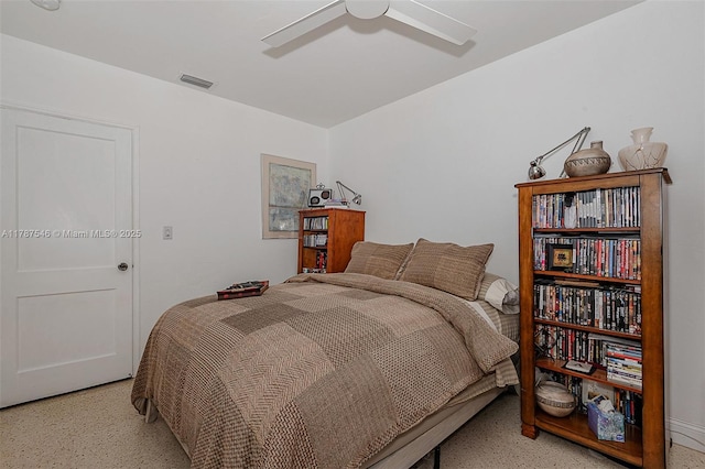 430 NE 132nd Ter, North Miami, FL 33161 - bedroom featuring light speckled floor, a ceiling fan, and visible vents