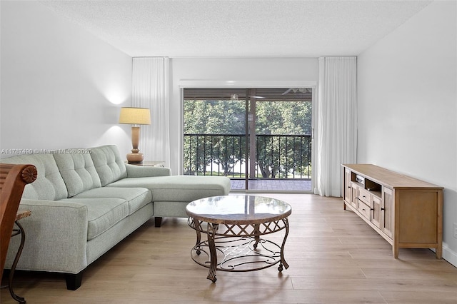 living room featuring light wood-style flooring and a textured ceiling