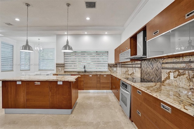 1430 NW 114th Ave, Plantation, FL 33323 - kitchen featuring stainless steel oven, wall chimney exhaust hood, a sink, brown cabinets, and black electric stovetop
