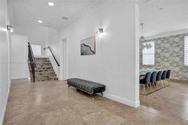 1430 NW 114th Ave, Plantation, FL 33323 - hall featuring crown molding, stairs, wallpapered walls, baseboards, and recessed lighting