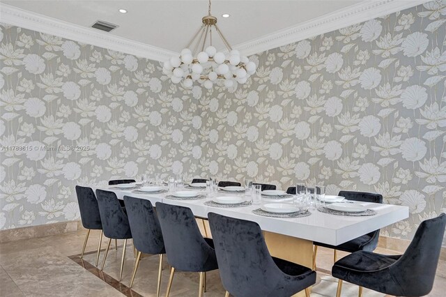 1430 NW 114th Ave, Plantation, FL 33323 - unfurnished dining area featuring wallpapered walls, ornamental molding, baseboards, a chandelier, and recessed lighting