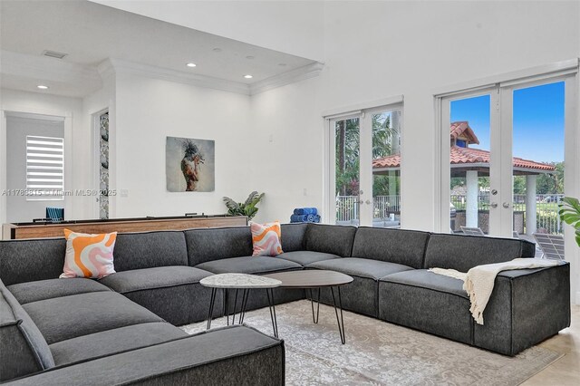 1430 NW 114th Ave, Plantation, FL 33323 - living room featuring ornamental molding, french doors, healthy amount of natural light, a high ceiling, and recessed lighting