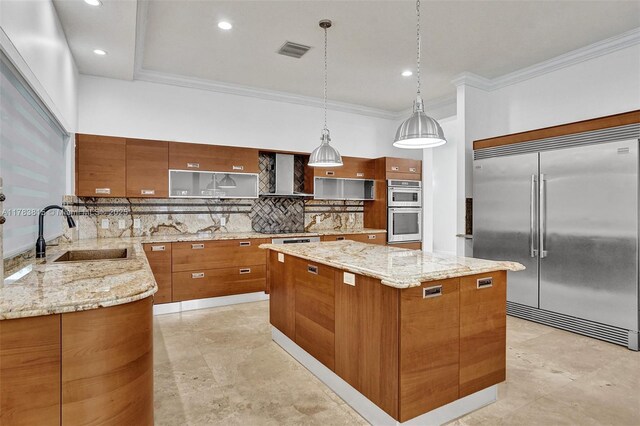 1430 NW 114th Ave, Plantation, FL 33323 - kitchen with appliances with stainless steel finishes, a sink, brown cabinets, wall chimney range hood, and crown molding