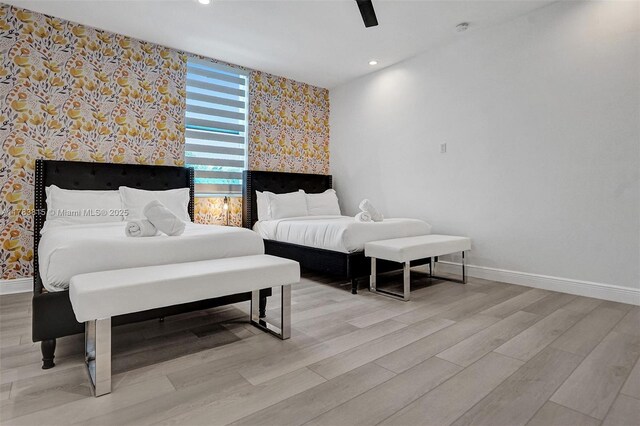 1430 NW 114th Ave, Plantation, FL 33323 - bedroom with baseboards, light wood finished floors, recessed lighting, a ceiling fan, and wallpapered walls