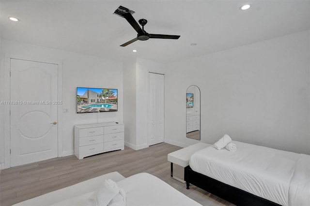 1430 NW 114th Ave, Plantation, FL 33323 - bedroom featuring light wood-style flooring, recessed lighting, baseboards, and a ceiling fan