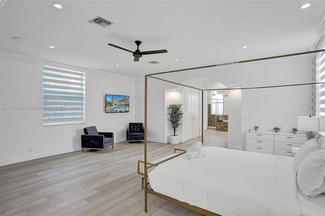 1430 NW 114th Ave, Plantation, FL 33323 - bedroom with ornamental molding, multiple windows, light wood-type flooring, recessed lighting, and baseboards