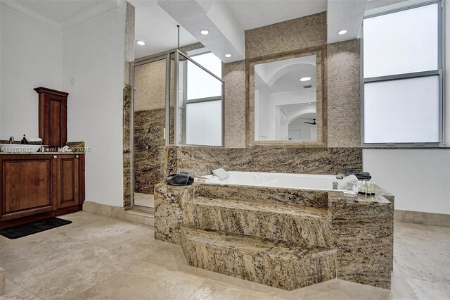 1430 NW 114th Ave, Plantation, FL 33323 - bathroom featuring recessed lighting, crown molding, a garden tub, a shower stall, and vanity