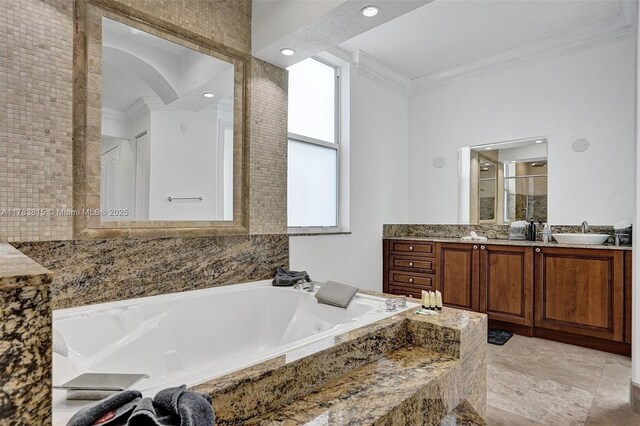 1430 NW 114th Ave, Plantation, FL 33323 - full bathroom featuring crown molding, a garden tub, vanity, a shower stall, and recessed lighting