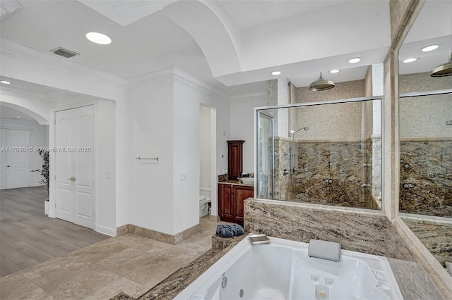 1430 NW 114th Ave, Plantation, FL 33323 - full bath featuring a stall shower, a tub with jets, vanity, crown molding, and recessed lighting