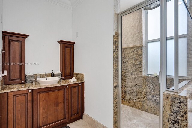 1430 NW 114th Ave, Plantation, FL 33323 - bathroom with a tile shower, ornamental molding, and vanity
