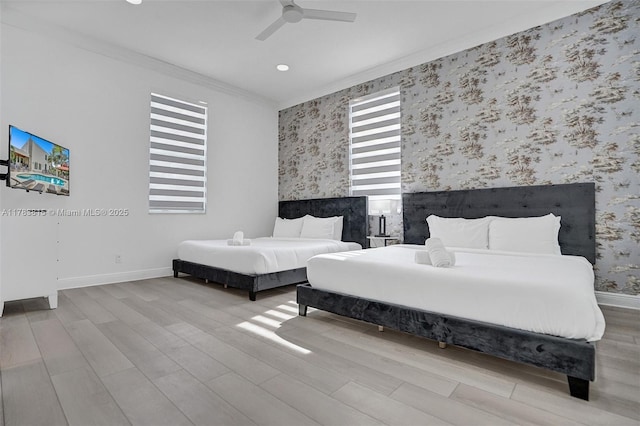 1430 NW 114th Ave, Plantation, FL 33323 - bedroom featuring wallpapered walls, ornamental molding, baseboards, wood finished floors, and a ceiling fan