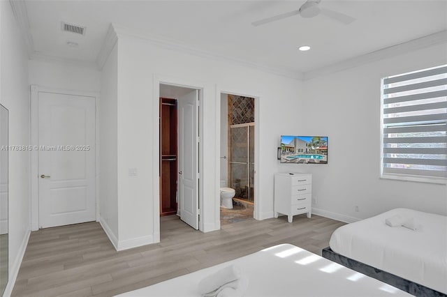 1430 NW 114th Ave, Plantation, FL 33323 - bedroom with ornamental molding, light wood finished floors, baseboards, connected bathroom, and recessed lighting