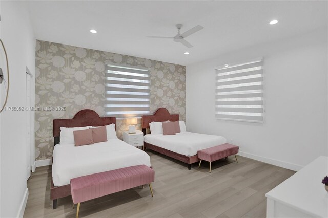 3152 SW 147th Ave, Davie, FL 33330 - bedroom with wallpapered walls, baseboards, light wood finished floors, recessed lighting, and a ceiling fan