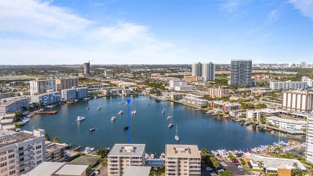 aerial view featuring a city view and a water view
