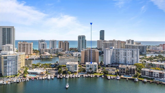 bird's eye view with a city view and a water view