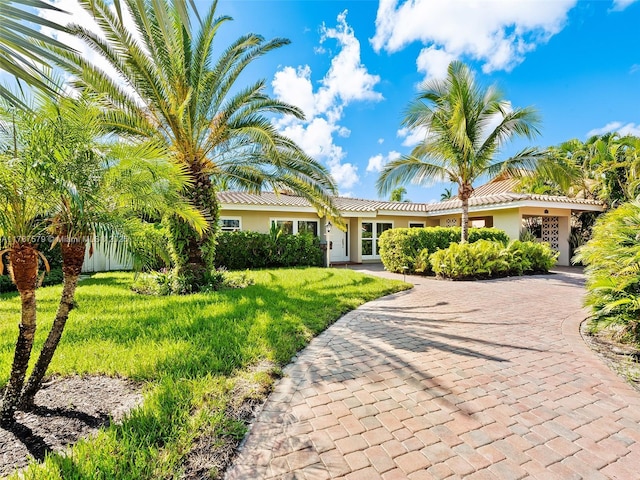 4231 NE 16th Ave, Oakland Park, FL 33334 - ranch-style house with stucco siding, a front yard, decorative driveway, and a tile roof