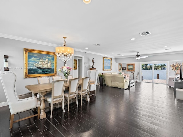 4231 NE 16th Ave, Oakland Park, FL 33334 - dining area with recessed lighting, wood finished floors, a chandelier, ceiling fan, and ornamental molding