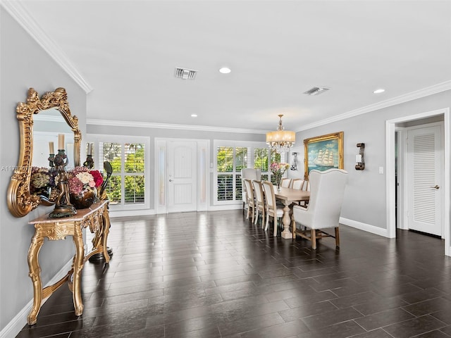4231 NE 16th Ave, Oakland Park, FL 33334 - dining area with a chandelier, baseboards, ornamental molding, recessed lighting, and dark wood-style floors